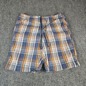 French Cuff Mens Plaid Shorts Blue Orange Cotton Drawstring Waist Size 10